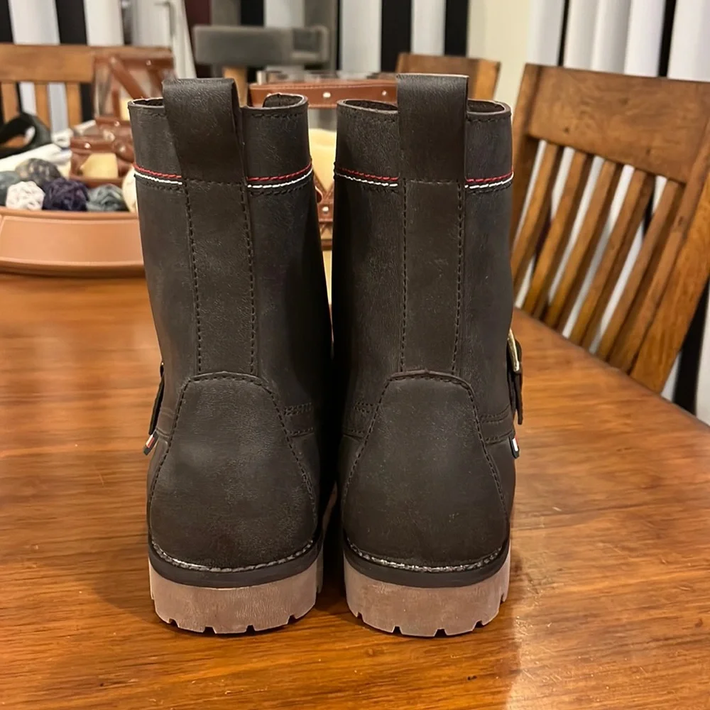 Tommy Hilfiger Dark Brown Leather Lace-Up Buckle Boots with Orange Laces